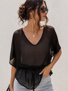 Express Black Sheer Chiffon Cinched Blouse Peplum Top